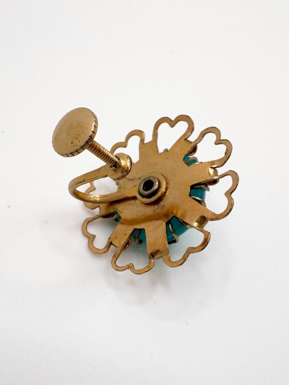 Vintage 1950s Turquoise Moonglow Lucite Earrings Gold Tone Floral Screw Back - Picture 4 of 4